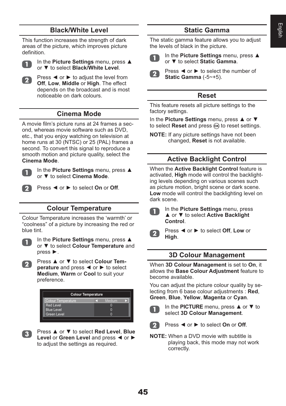 Black/white level, Cinema mode, Colour temperature | Static gamma, Reset, Active backlight control, 3d colour management | Toshiba HL933 User Manual | Page 45 / 72