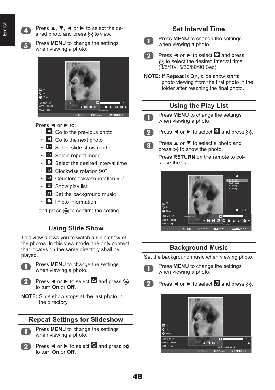 Using slide show, Repeat settings for slideshow, Set interval time | Using the play list, Background music | Toshiba HL933 User Manual | Page 48 / 72