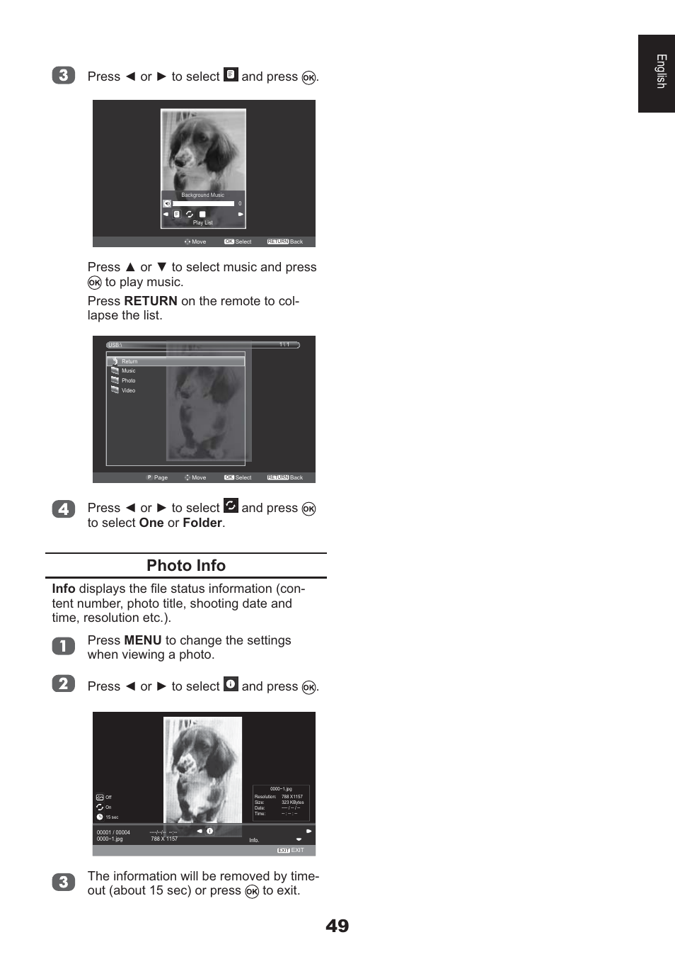 Photo info, English 3uhvv ż ru ź wr vhohfw and press | Toshiba HL933 User Manual | Page 49 / 72