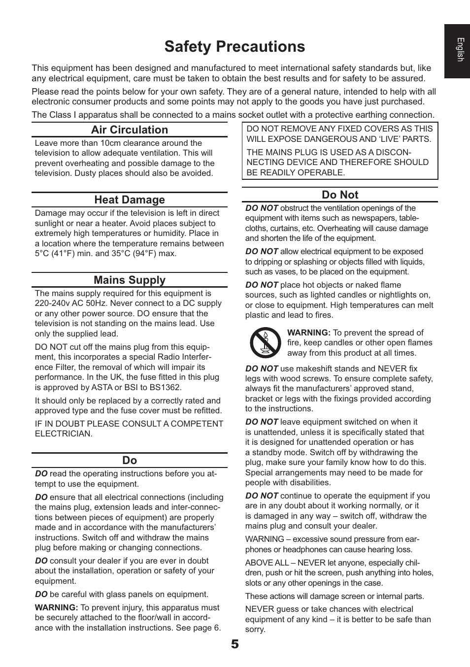 Safety precautions, Air circulation, Heat damage | Mains supply, Do not | Toshiba HL933 User Manual | Page 5 / 72