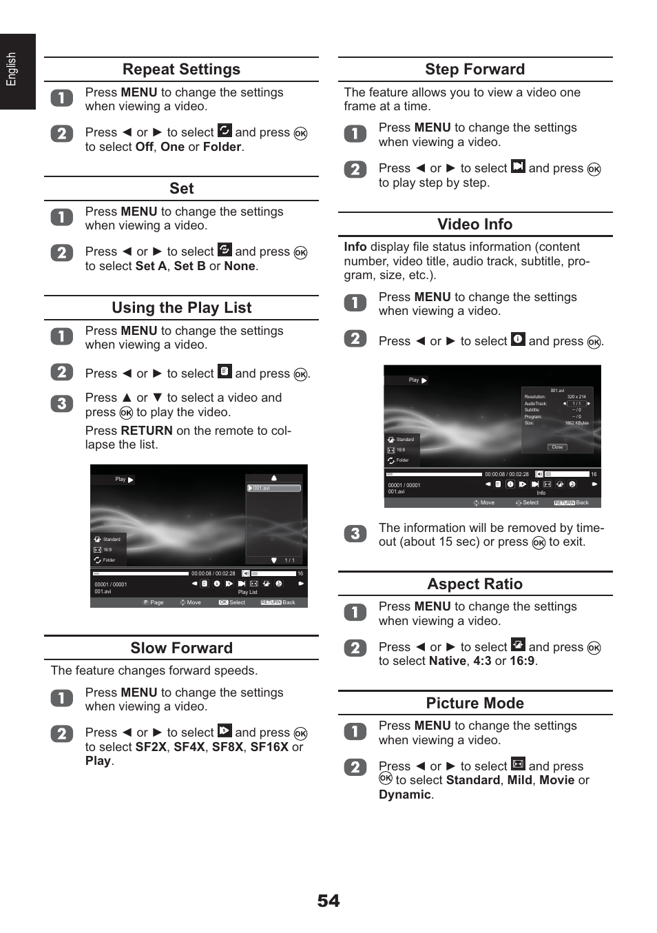 Step forward, Video info, Aspect ratio | Picture mode, Repeat settings, Using the play list, Slow forward, English | Toshiba HL933 User Manual | Page 54 / 72