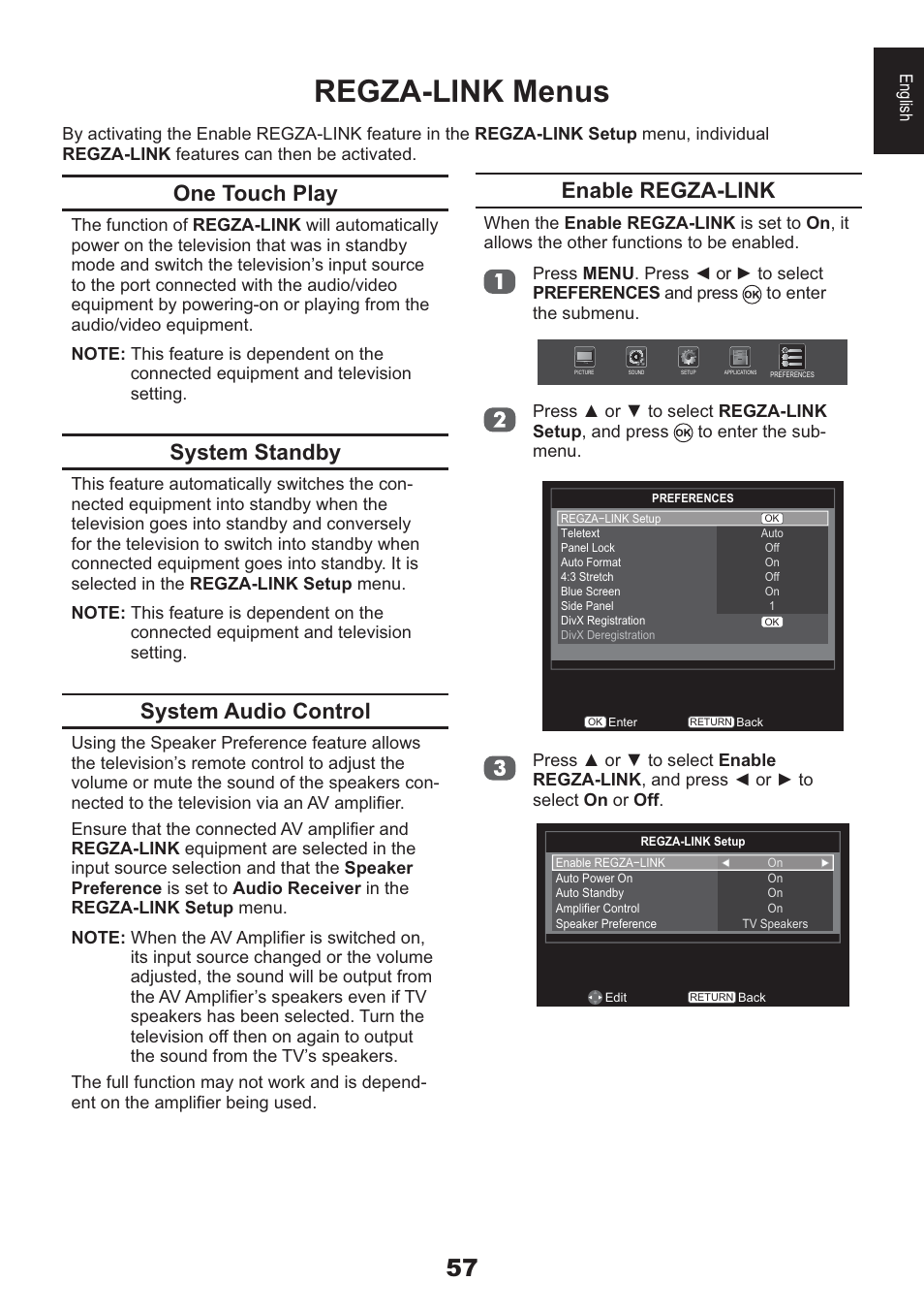 Regza-link menus, One touch play, System standby | System audio control, Enable regza-link | Toshiba HL933 User Manual | Page 57 / 72