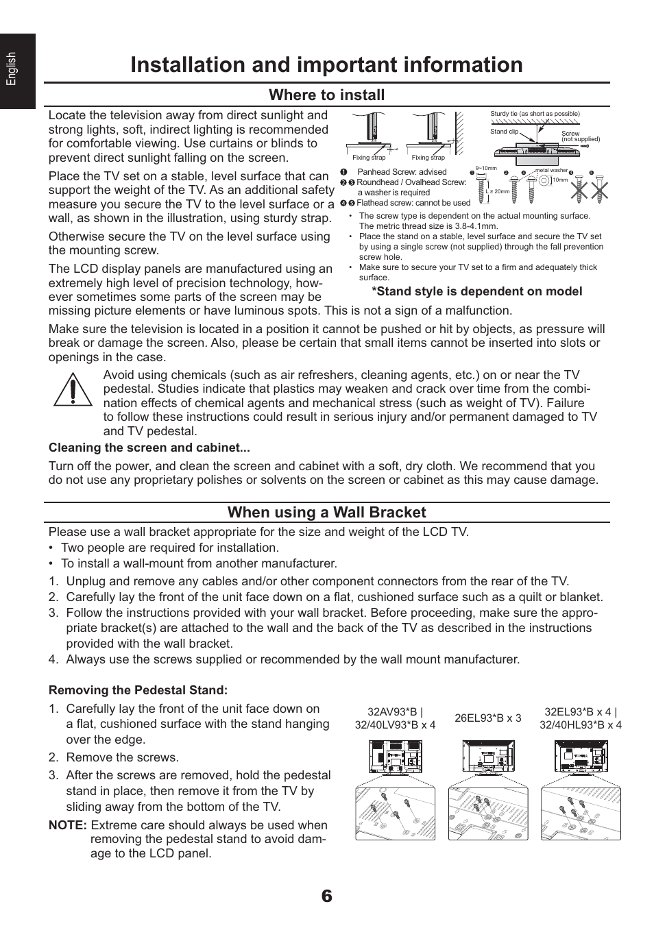 Installation and important information, Where to install, When using a wall bracket | English | Toshiba HL933 User Manual | Page 6 / 72