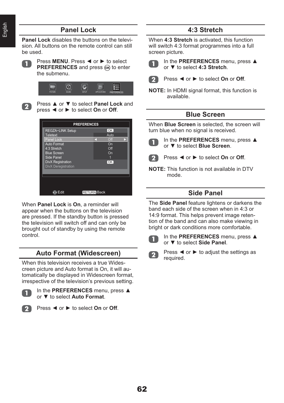 3 stretch, Blue screen, Side panel | Panel lock, Auto format (widescreen) | Toshiba HL933 User Manual | Page 62 / 72