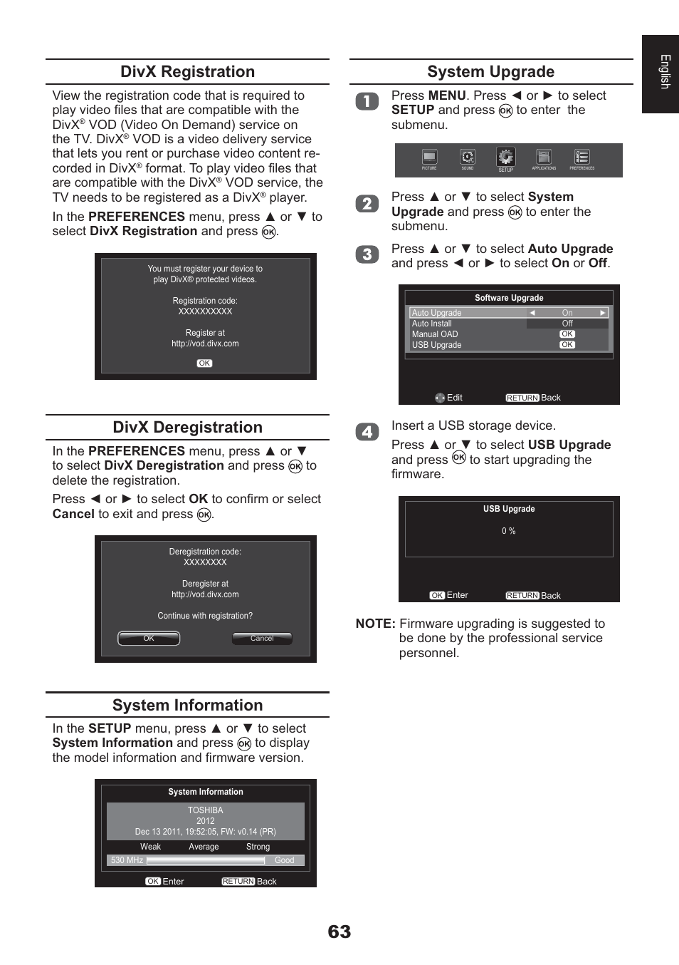 Divx registration, Divx deregistration, System information | System upgrade, English, Vod (video on demand) service on the tv. divx | Toshiba HL933 User Manual | Page 63 / 72