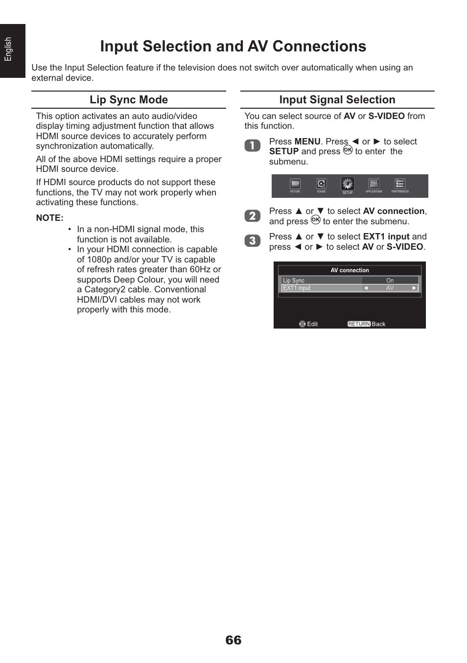 Input selection and av connections, Input signal selection, Lip sync mode | Toshiba HL933 User Manual | Page 66 / 72