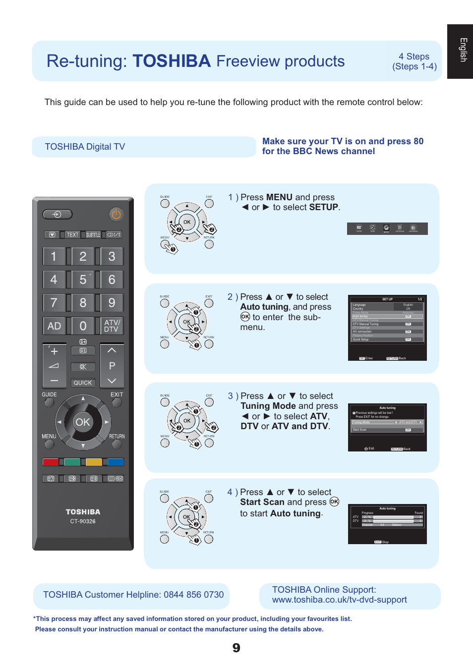 Re-tuning: toshiba, Freeview products, English | 4 steps toshiba digital tv, Press menu and press ż ru ź wr vhohfw setup . 1 ), Steps 1-4) | Toshiba HL933 User Manual | Page 9 / 72