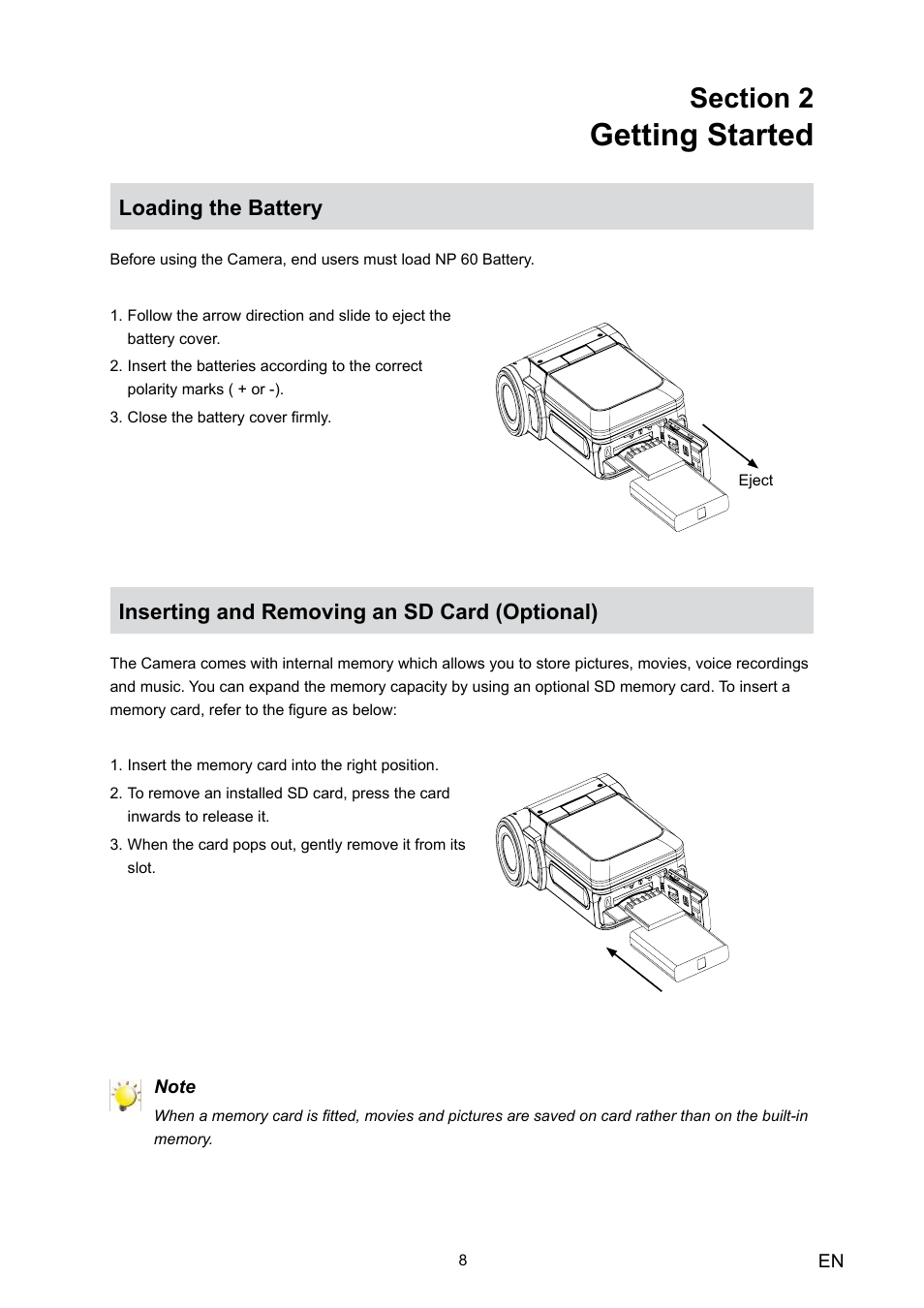 Section 2 getting started, Loading the battery, Inserting and removing an sd card (optional) | Getting started | Toshiba Camileo HD User Manual | Page 10 / 73