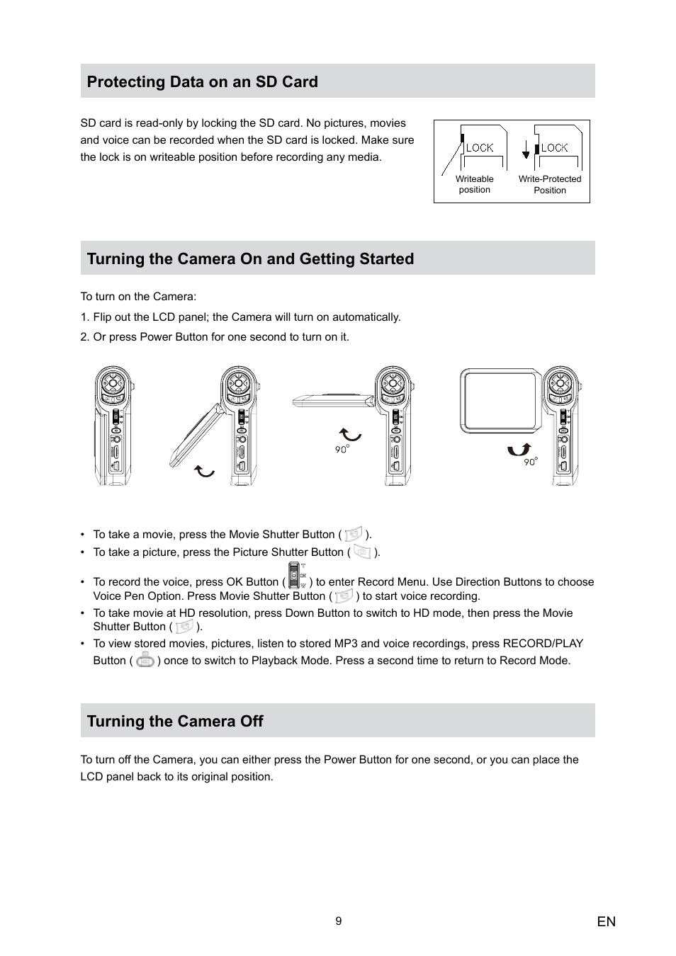 Protecting data on an sd card, Turning the camera on and getting started, Turning the camera off | Toshiba Camileo HD User Manual | Page 11 / 73