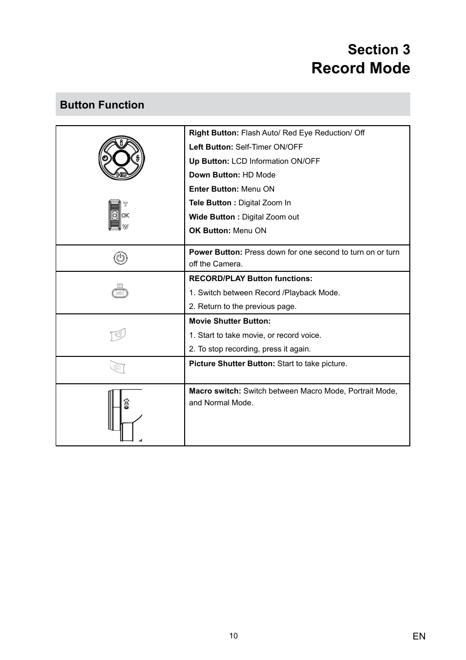 Section 3 record mode, Button function, Record mode | Toshiba Camileo HD User Manual | Page 12 / 73