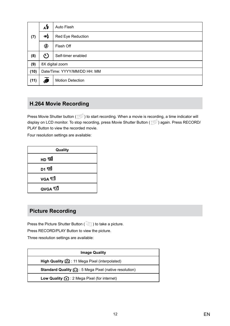 H.264 movie recording, Picture recording, H.264 movie recording picture recording | Toshiba Camileo HD User Manual | Page 14 / 73