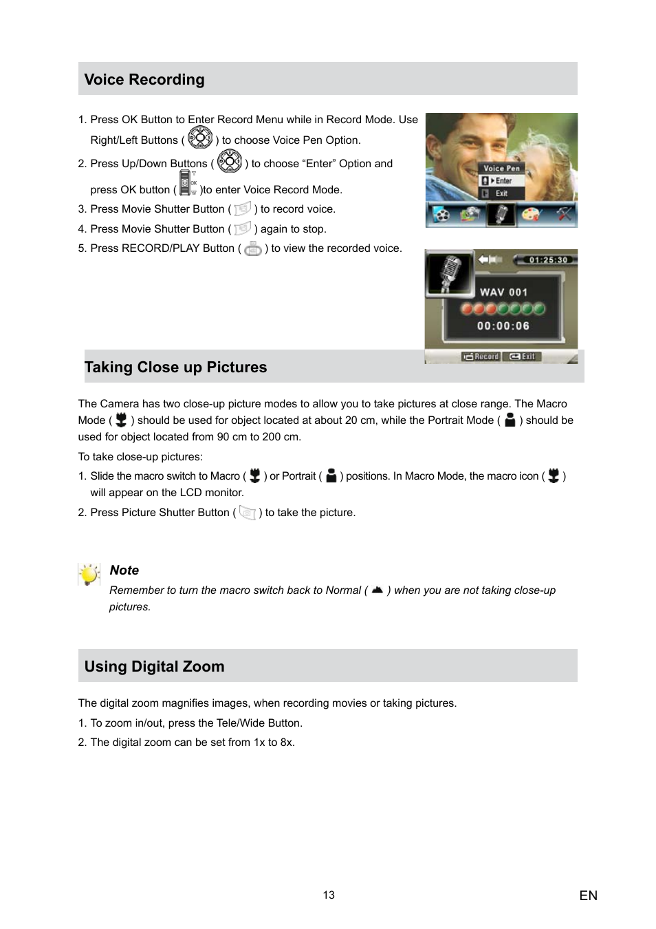 Voice recording, Taking close up pictures, Using digital zoom | Toshiba Camileo HD User Manual | Page 15 / 73