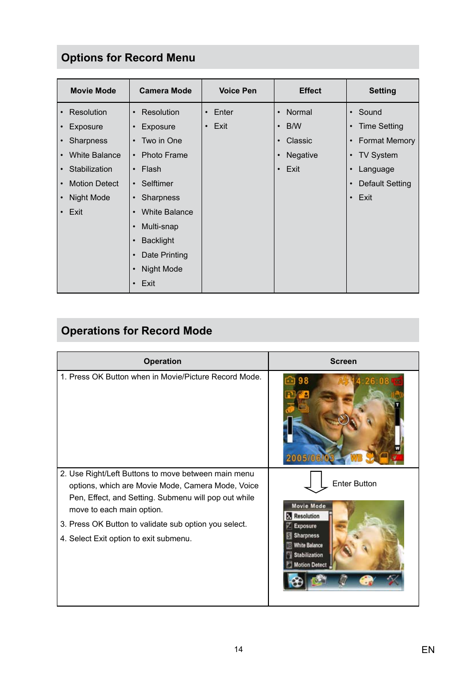 Options for record menu, Operations for record mode, Options for record menu operations for record mode | Toshiba Camileo HD User Manual | Page 16 / 73