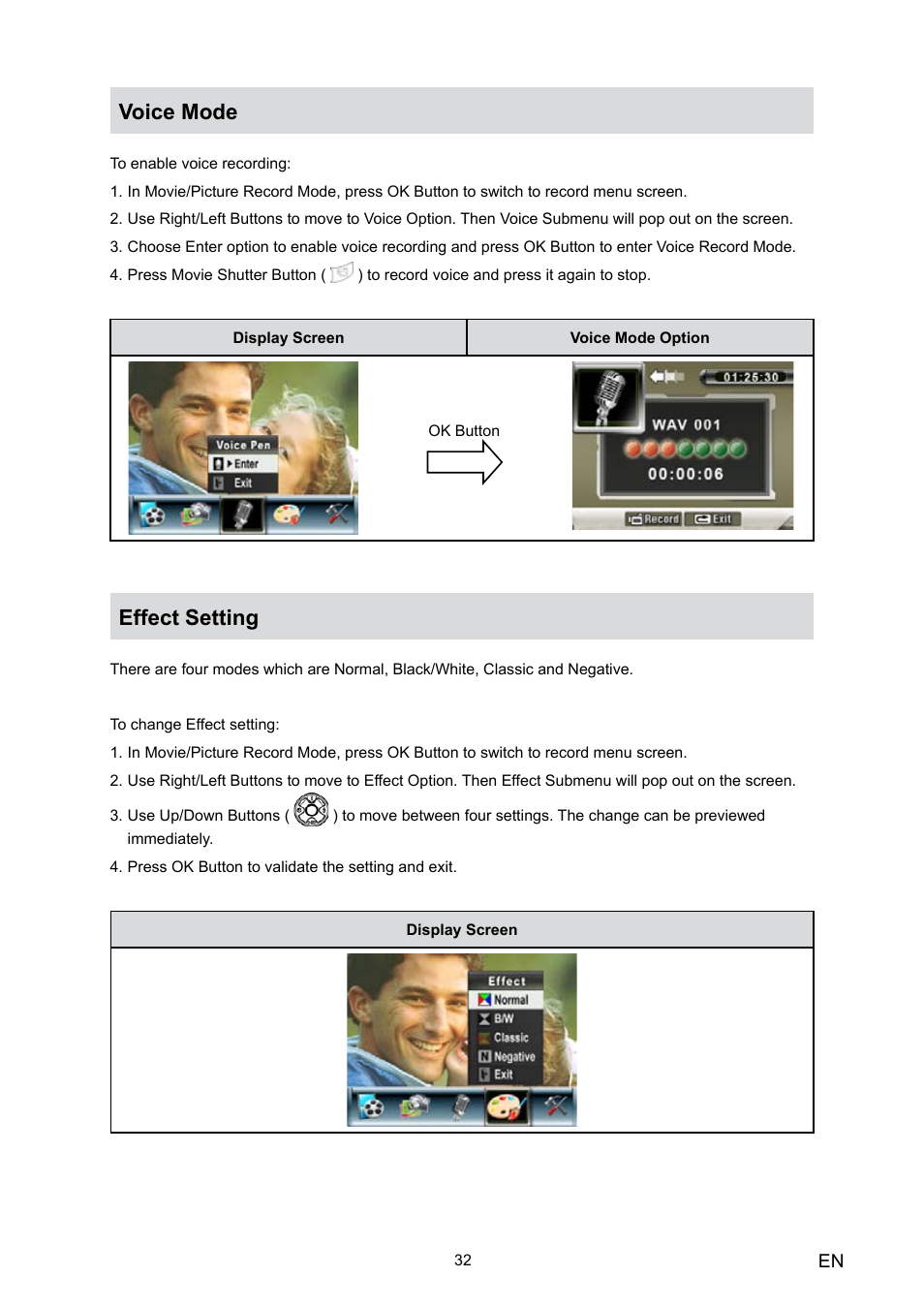 Voice mode, Effect setting, Voice mode effect setting | Toshiba Camileo HD User Manual | Page 34 / 73