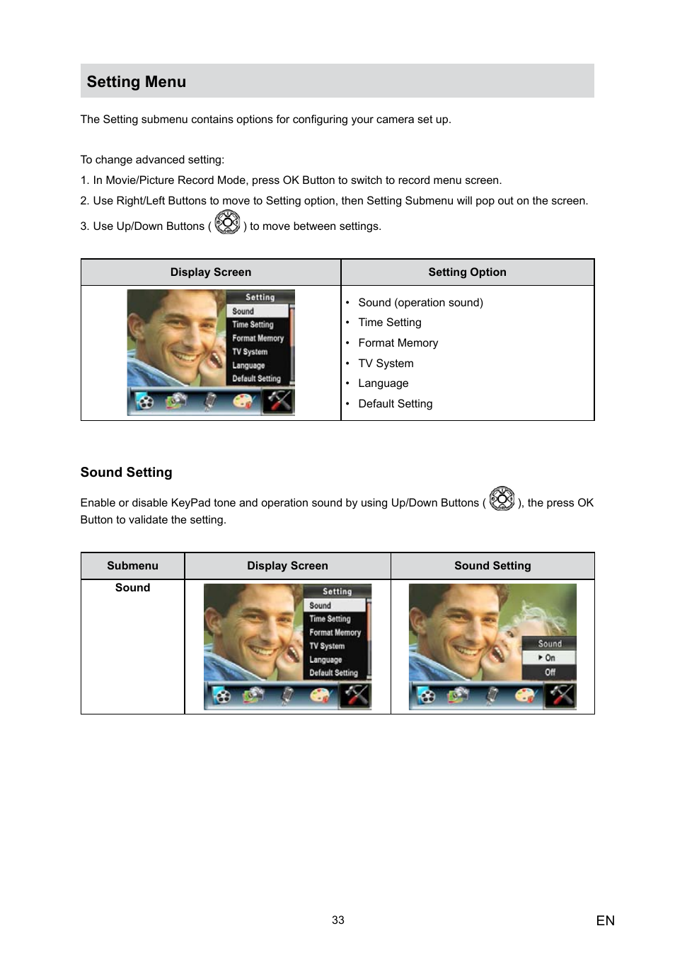 Setting menu | Toshiba Camileo HD User Manual | Page 35 / 73