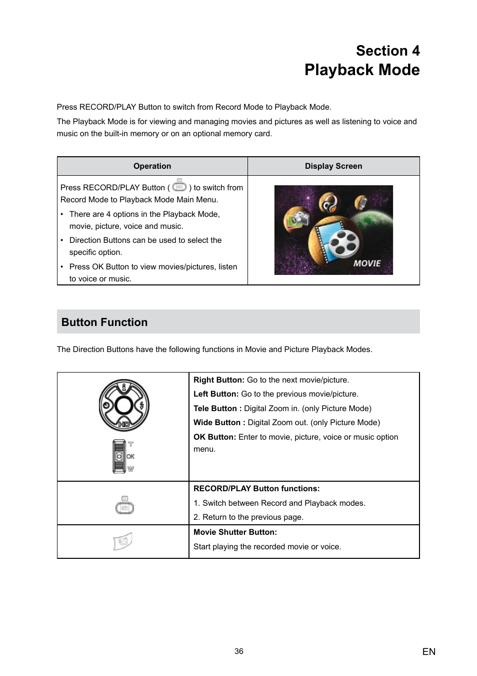 Section 4 playback mode, Button function, Playback mode | Toshiba Camileo HD User Manual | Page 38 / 73