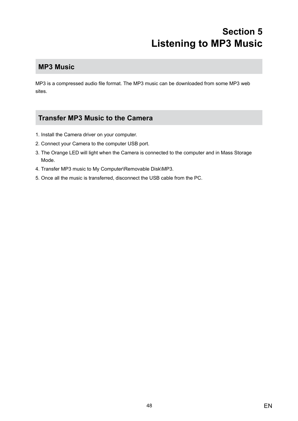 Section 5 listening to mp3 music, Mp3 music, Transfer mp3 music to the camera | Mp3 music transfer mp3 music to the camera, Listening to mp3 music | Toshiba Camileo HD User Manual | Page 50 / 73