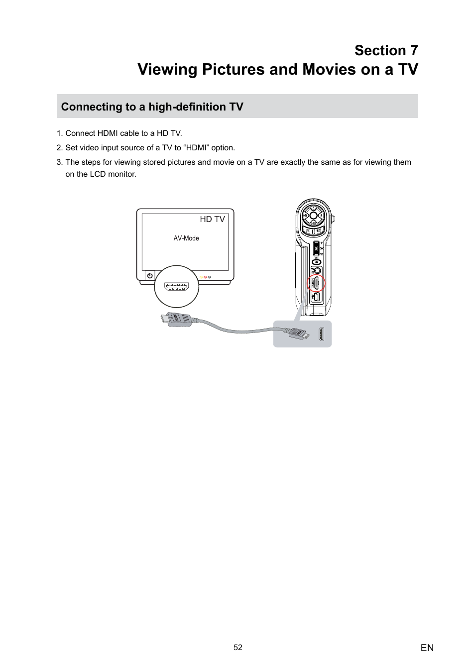 Section 7 viewing pictures and movies on a tv, Connecting to a high-definition tv, Viewing pictures and movies on a tv | Toshiba Camileo HD User Manual | Page 54 / 73