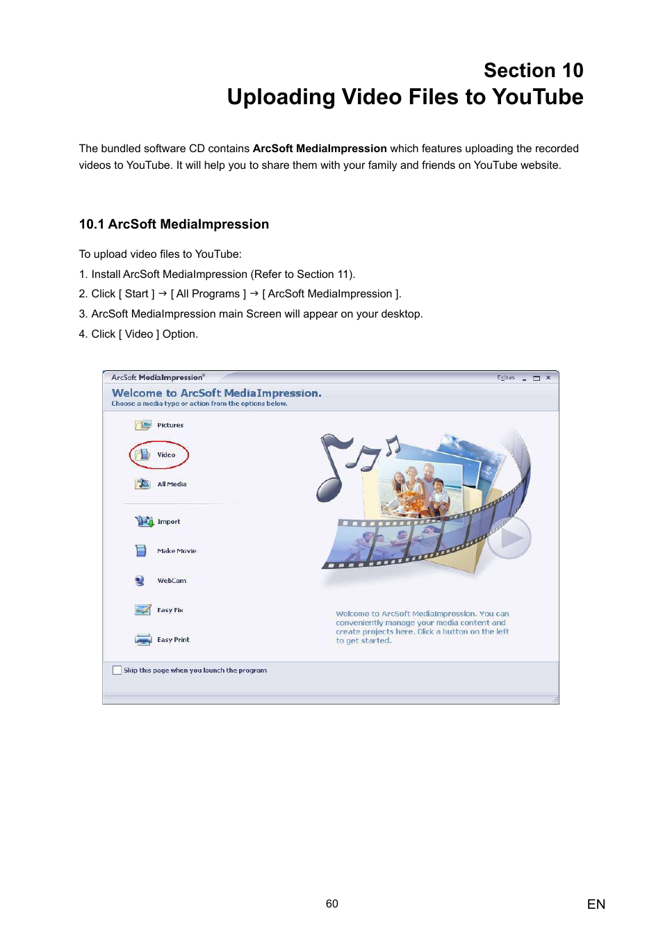 Section 10 uploading video files to youtube, Uploading video files to youtube | Toshiba Camileo HD User Manual | Page 62 / 73