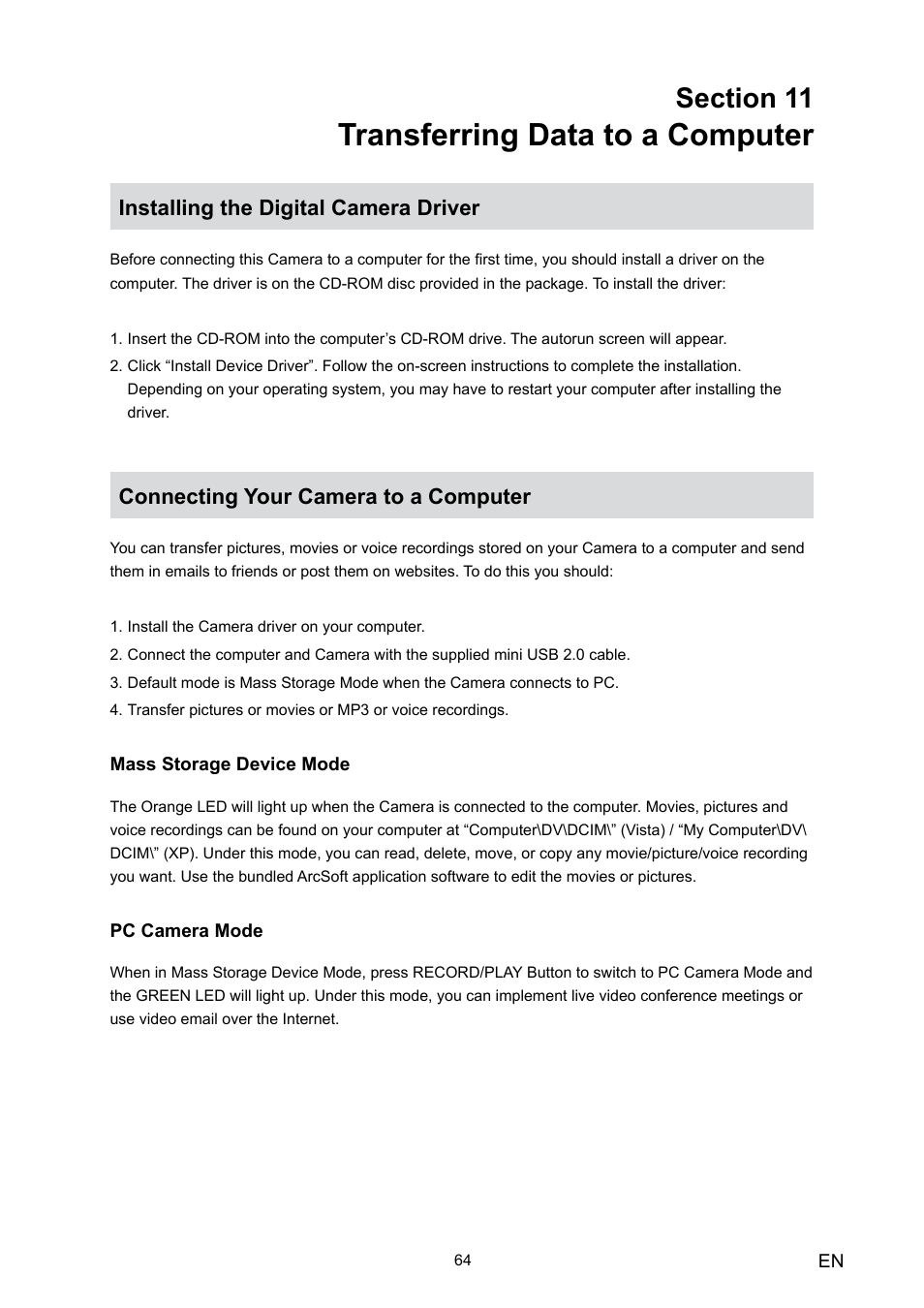 Section 11 transferring data to a computer, Installing the digital camera driver, Connecting your camera to a computer | Transferring data to a computer | Toshiba Camileo HD User Manual | Page 66 / 73