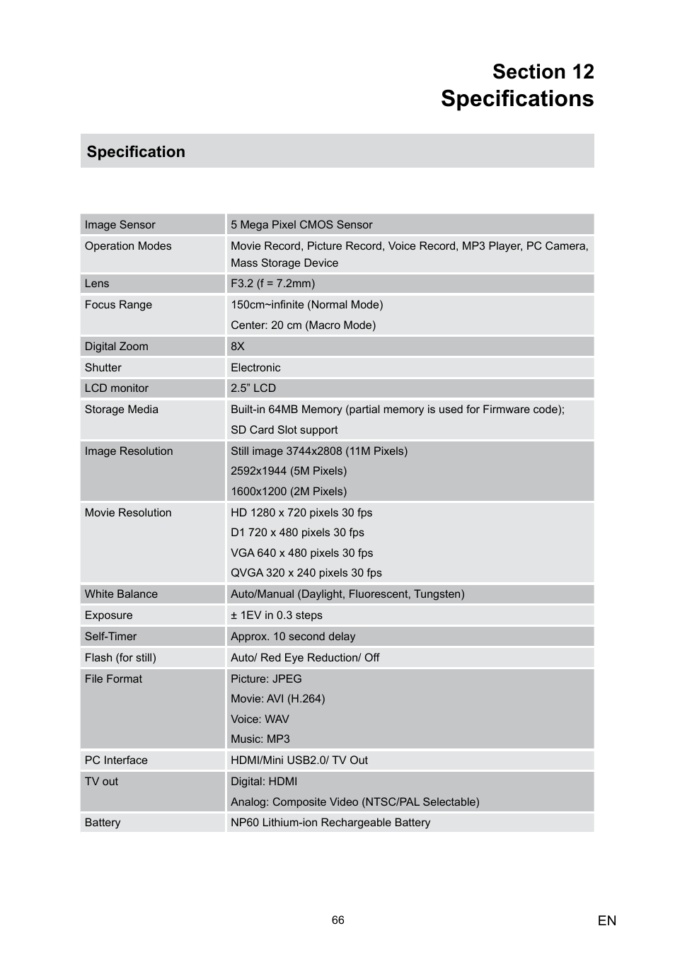 Section 12 specifications, Specifications, Specification | Toshiba Camileo HD User Manual | Page 68 / 73