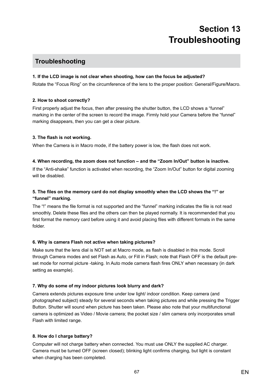 Section 13 troubleshooting, Troubleshooting | Toshiba Camileo HD User Manual | Page 69 / 73