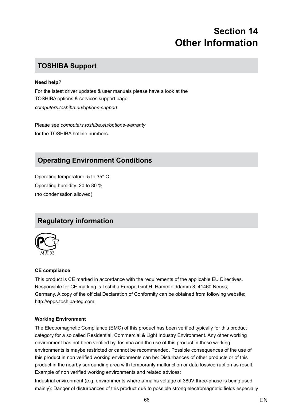 Section 14 other information, Toshiba support, Operating environment conditions | Regulatory information, Other information | Toshiba Camileo HD User Manual | Page 70 / 73