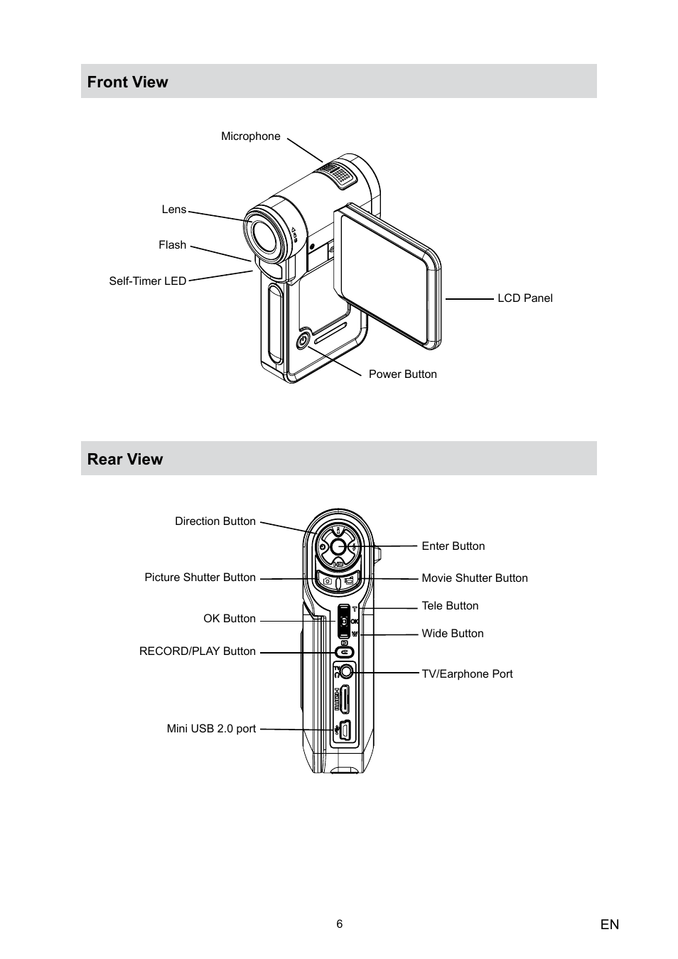 Front view, Rear view, Front view rear view | Toshiba Camileo HD User Manual | Page 8 / 73