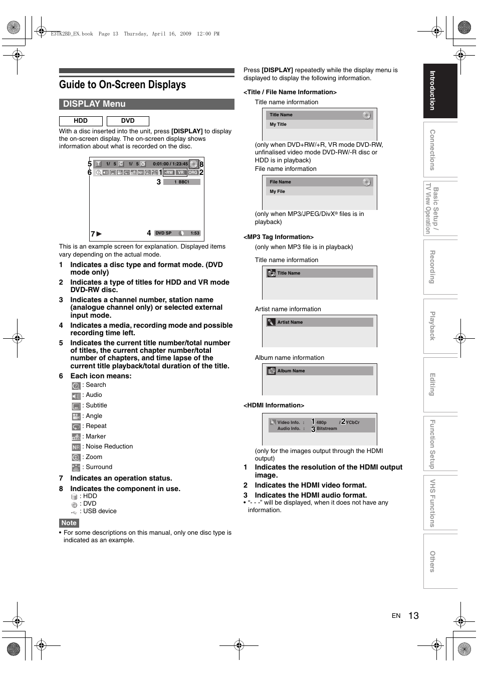 Guide to on-screen displays, Display menu | Toshiba RDXV59 User Manual | Page 13 / 84