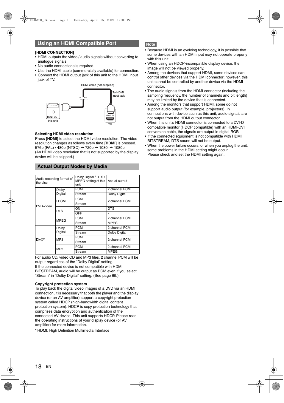 Using an hdmi compatible port, Actual output modes by media | Toshiba RDXV59 User Manual | Page 18 / 84