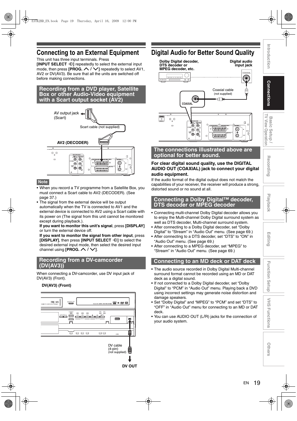 Connecting to an external equipment, Digital audio for better sound quality | Toshiba RDXV59 User Manual | Page 19 / 84