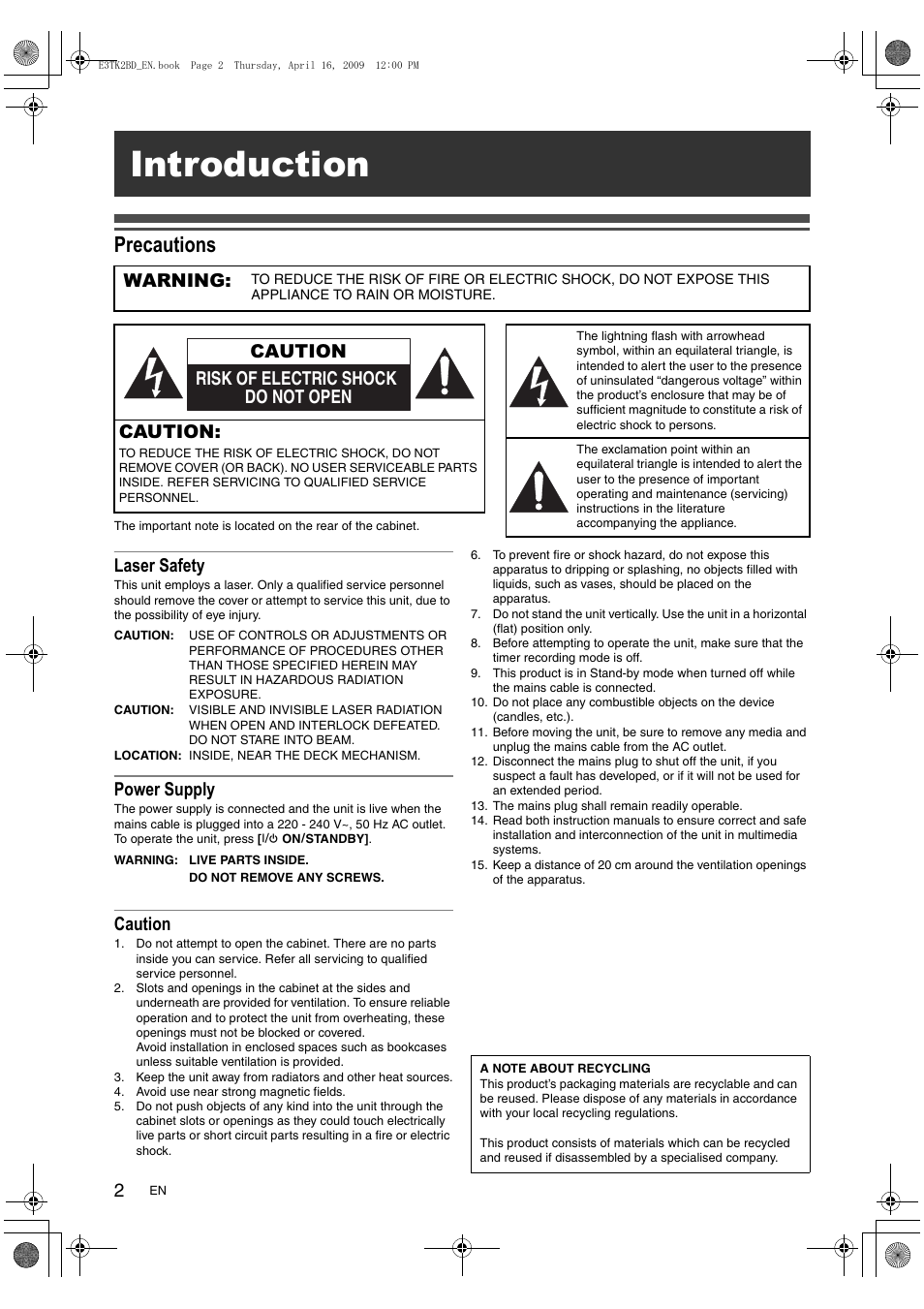 Introduction, Precautions, Laser safety | Power supply, Caution, Warning, Risk of electric shock do not open caution | Toshiba RDXV59 User Manual | Page 2 / 84