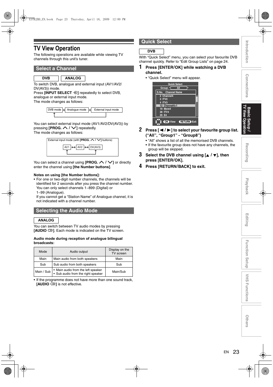 Tv view operation, Select a channel, Selecting the audio mode | Quick select | Toshiba RDXV59 User Manual | Page 23 / 84