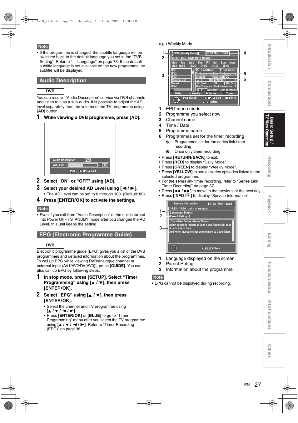 Audio description, Epg (electronic programme guide) | Toshiba RDXV59 User Manual | Page 27 / 84