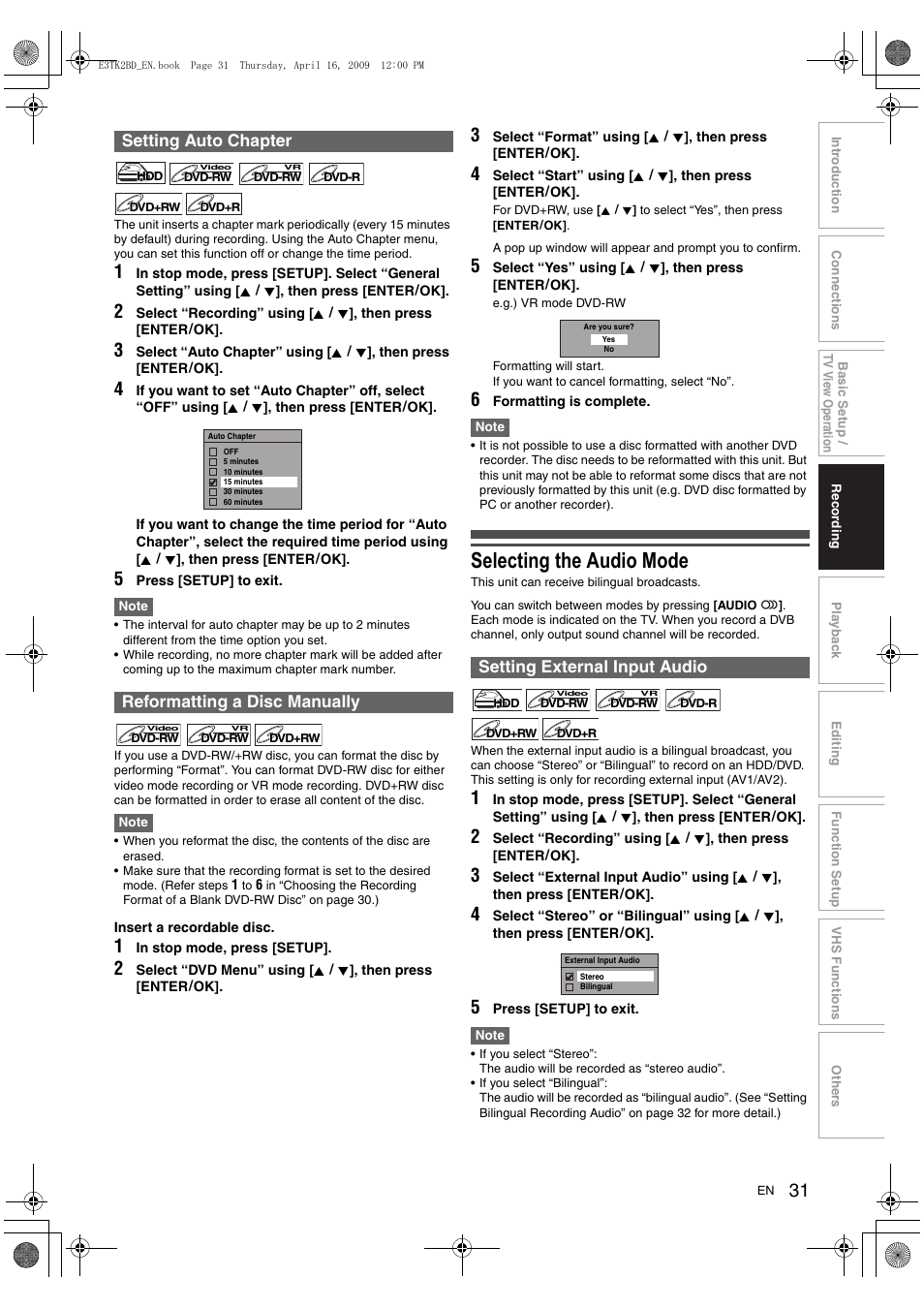 Selecting the audio mode, Setting auto chapter reformatting a disc manually, Setting external input audio | Toshiba RDXV59 User Manual | Page 31 / 84