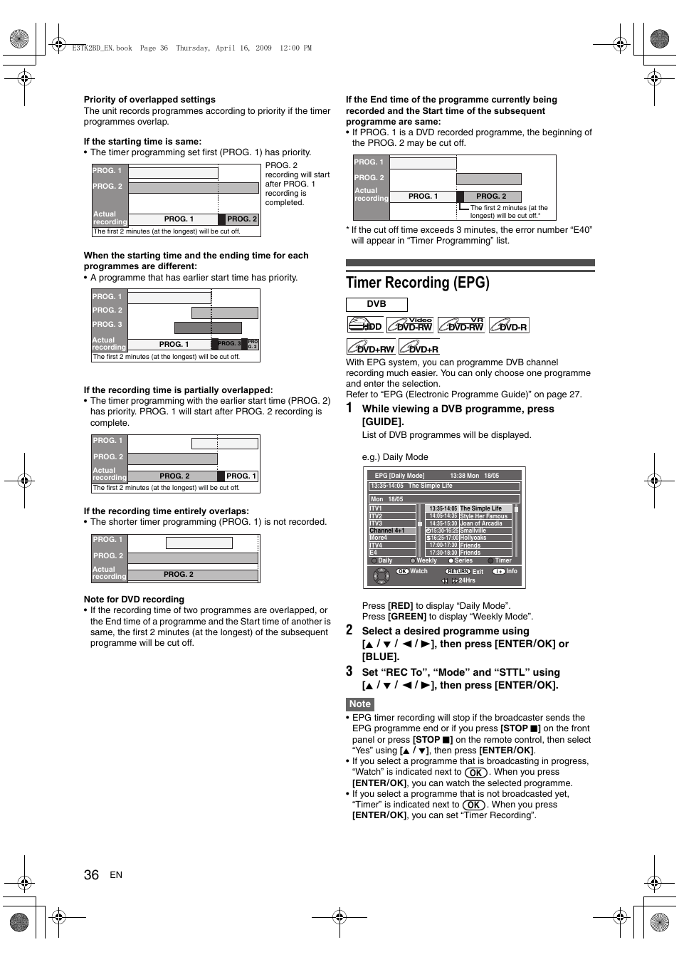 Timer recording (epg) | Toshiba RDXV59 User Manual | Page 36 / 84