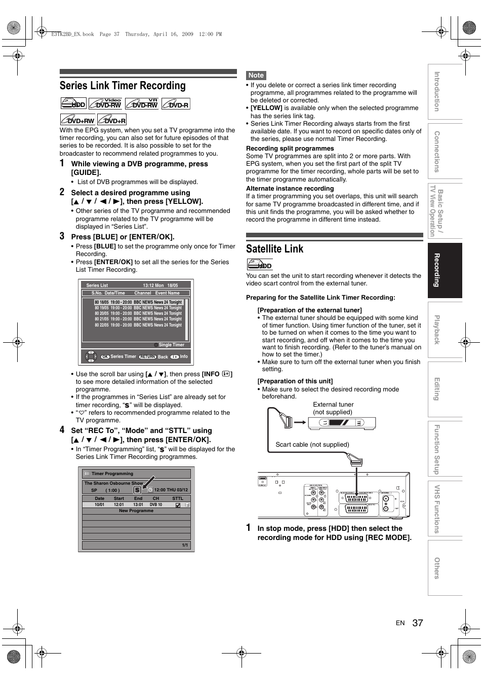 Series link timer recording, Satellite link | Toshiba RDXV59 User Manual | Page 37 / 84