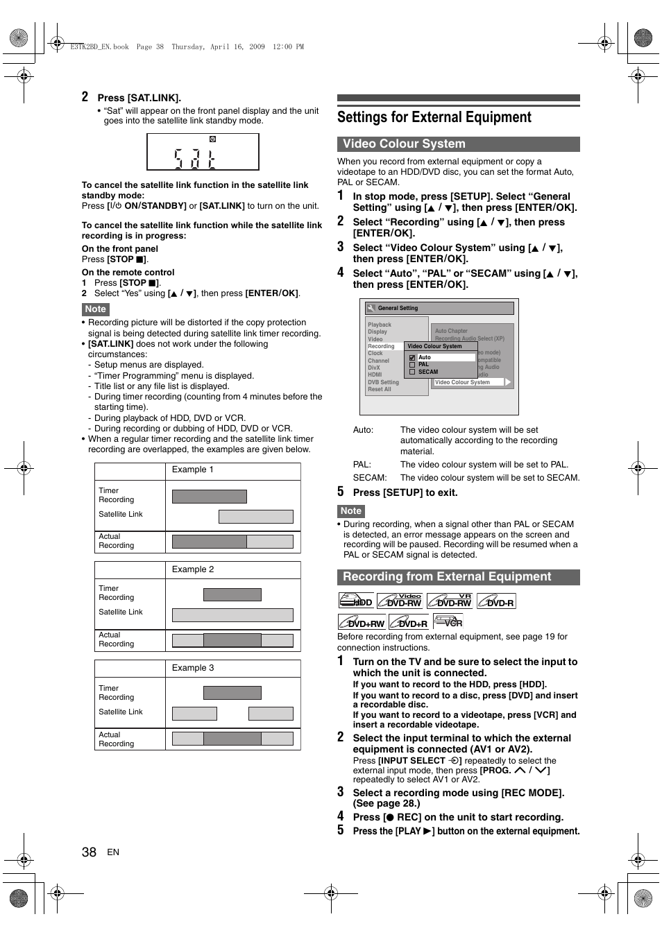 Settings for external equipment, Video colour system, Recording from external equipment | Toshiba RDXV59 User Manual | Page 38 / 84