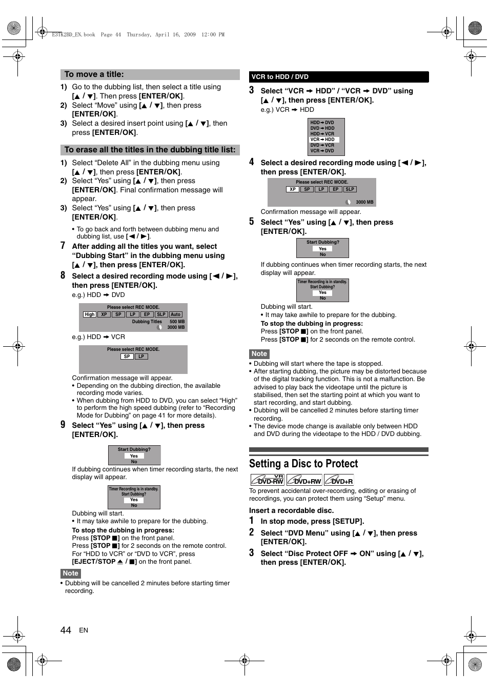 Setting a disc to protect | Toshiba RDXV59 User Manual | Page 44 / 84