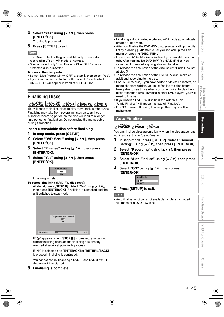 Finalising discs, Auto finalise | Toshiba RDXV59 User Manual | Page 45 / 84