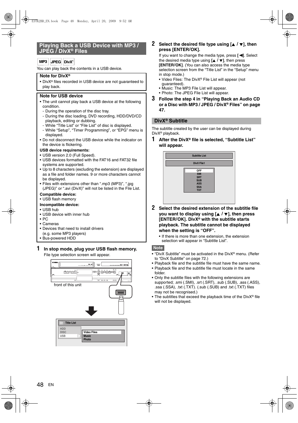 Playing back a usb device with mp3 / jpeg / divx, Files | Toshiba RDXV59 User Manual | Page 48 / 84