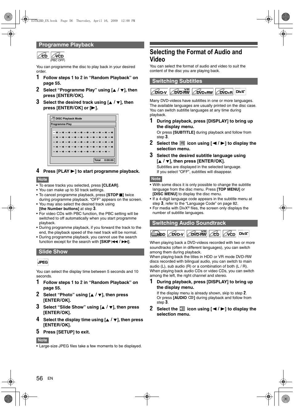 Selecting the format of audio and video, Programme playback slide show, Switching subtitles switching audio soundtrack | Toshiba RDXV59 User Manual | Page 56 / 84