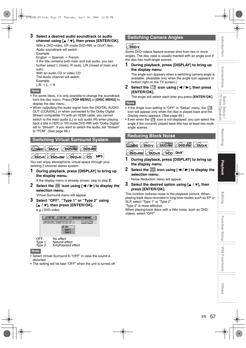 Switching virtual surround system, Switching camera angles reducing block noise | Toshiba RDXV59 User Manual | Page 57 / 84