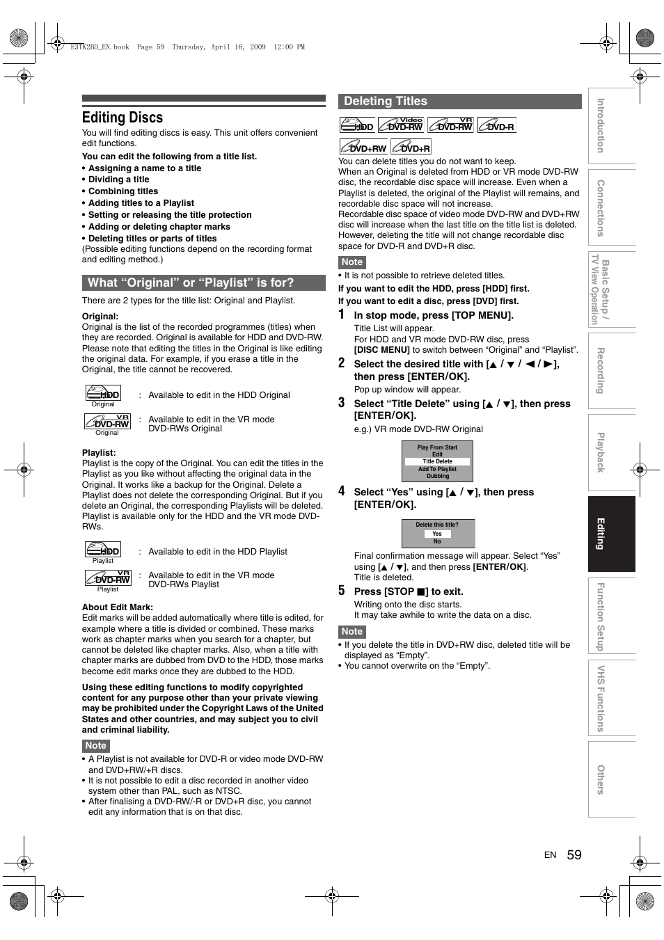 Editing discs, What “original” or “playlist” is for, Deleting titles | Toshiba RDXV59 User Manual | Page 59 / 84