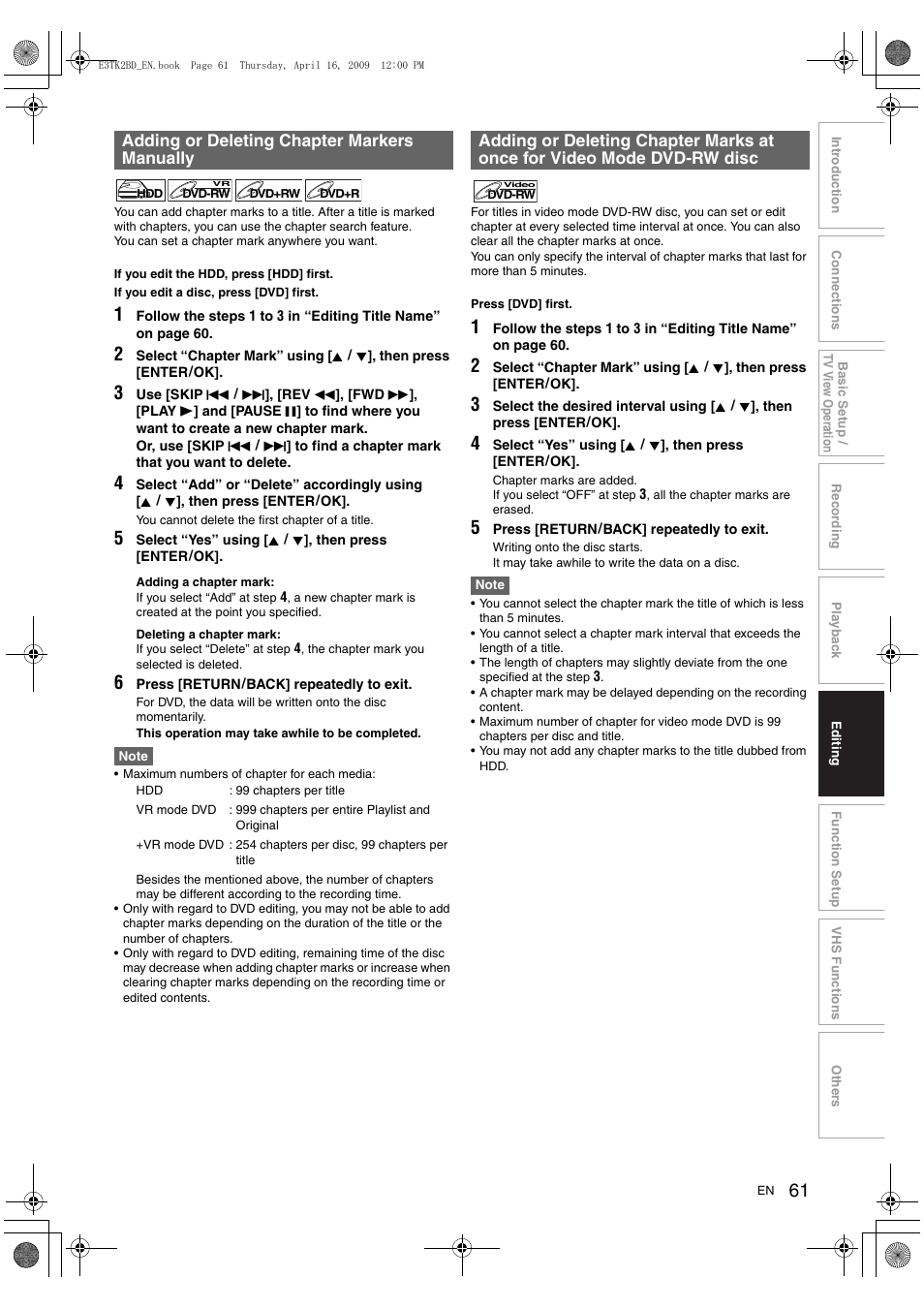 Adding or deleting chapter markers manually | Toshiba RDXV59 User Manual | Page 61 / 84