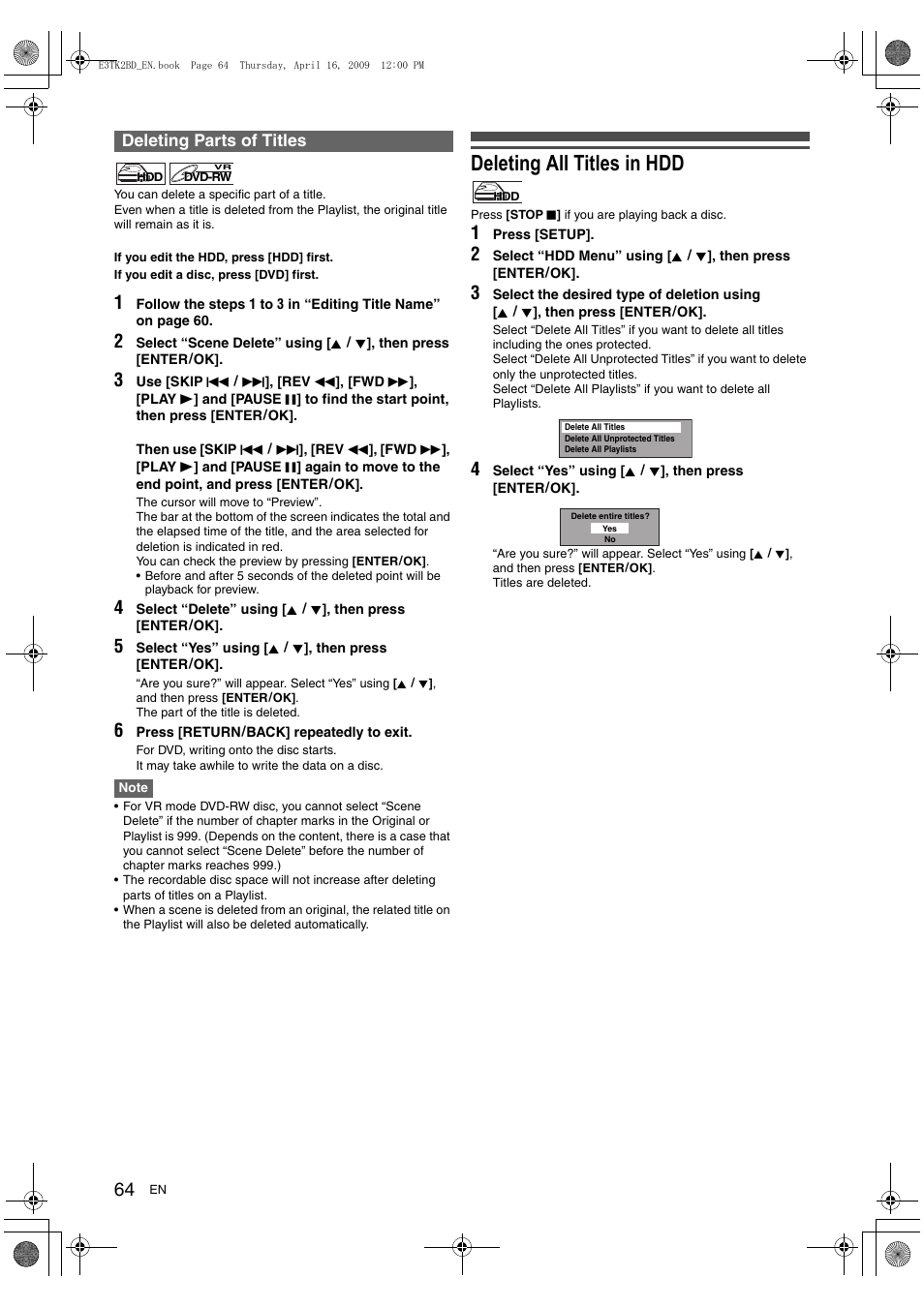 Deleting all titles in hdd | Toshiba RDXV59 User Manual | Page 64 / 84