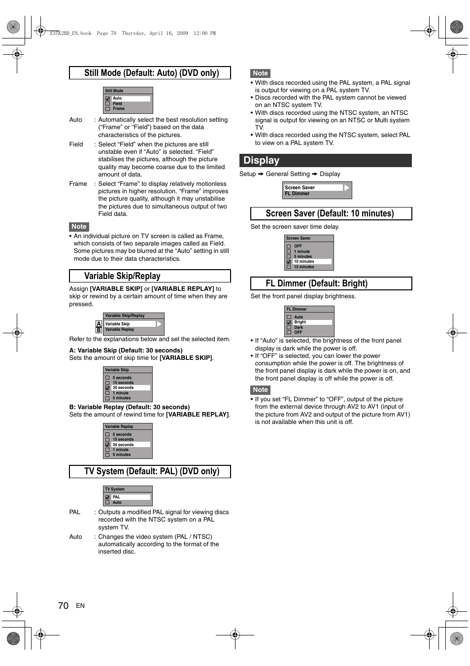 Display, G still mode (default: auto) (dvd only) | Toshiba RDXV59 User Manual | Page 70 / 84