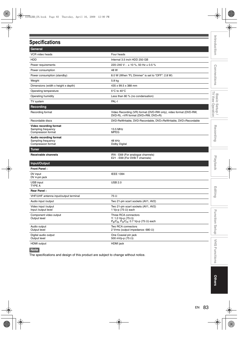 Specifications | Toshiba RDXV59 User Manual | Page 83 / 84