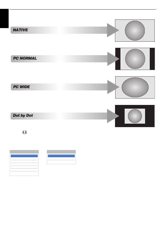 Dot by dot pc normal, Pc wide, Native | En g lis h | Toshiba W4333 User Manual | Page 28 / 90