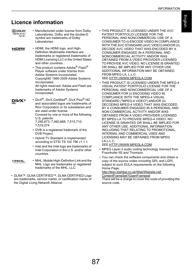 Licence information, Engl ish | Toshiba W4333 User Manual | Page 87 / 90